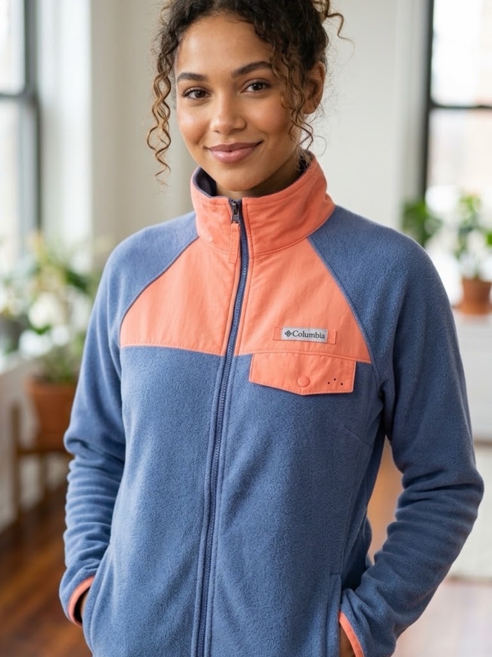 Columbia PFG Performance Fishing Gear fleece jacket Blue & Orange